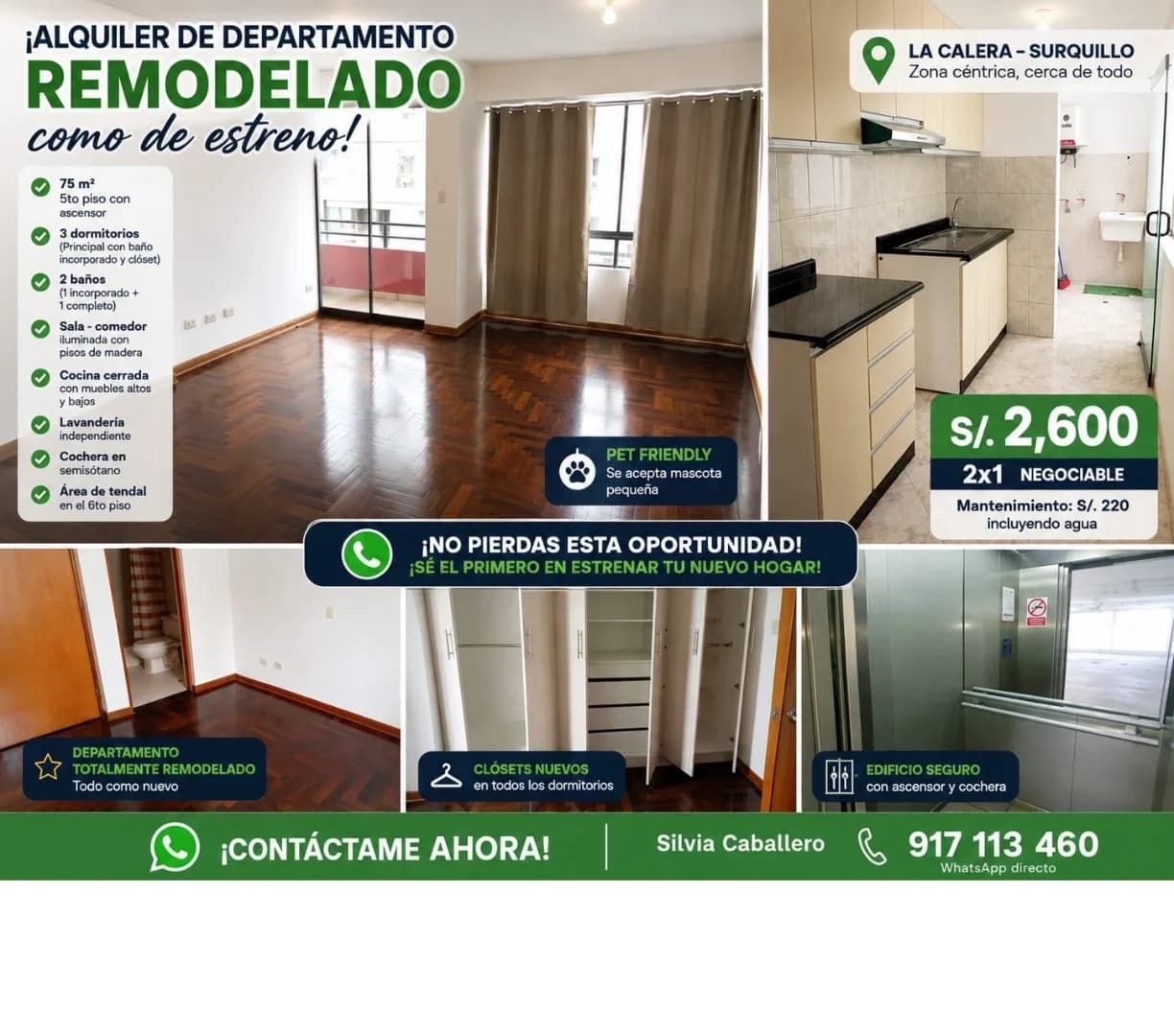 ¡ALQUILER DE ESTRENO! Departamento Remodelado en La Calera – Surquillo